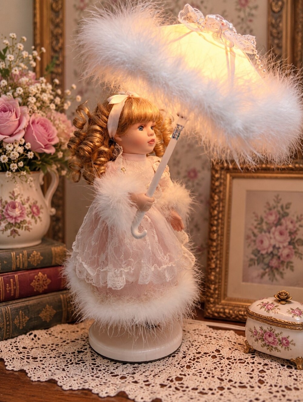 Vintage Cracker Barrel Porcelain Doll Lamp Lighted Parasol 16” Victorian